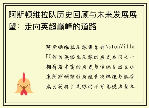 阿斯顿维拉队历史回顾与未来发展展望：走向英超巅峰的道路